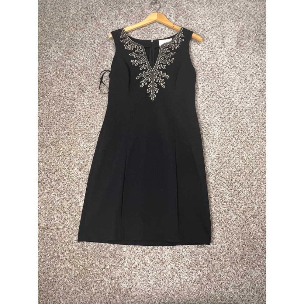 Pappagallo Amaya Dress Black Gold Metallic Embroidery Sheath Sleeveless Size 4